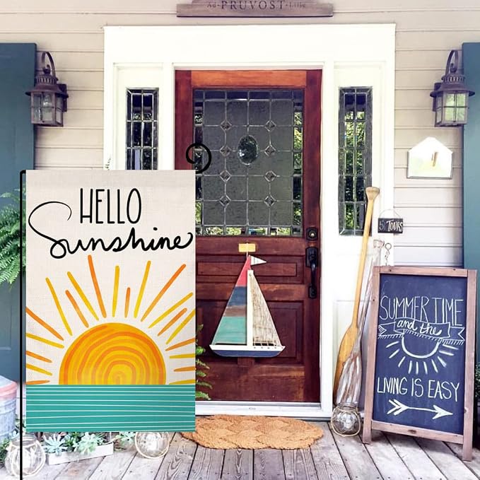 Hello Sunshine Summer Garden Flag 12x18 Vertical Double Sided Farmhouse Holiday Outside Decorations Burlap Yard Flag BW285