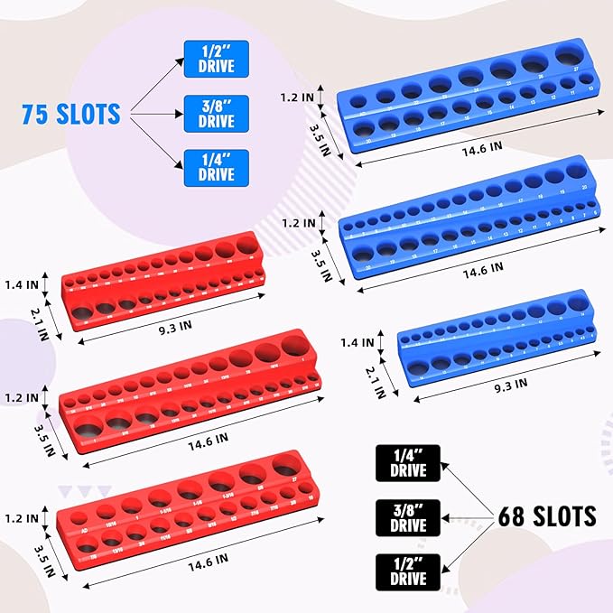 Magnetic Socket Organizer Set, 6-Piece Socket Holder Trays for 1/4" 3/8" 1/2" Drive, Holds up to 143 Sockets, Compatible with Metric and SAE Sizes (Blue & Red)