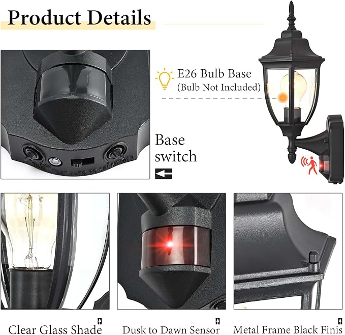 Porch Lights Outdoor Motion Sensor Wall Sconce Anti-Rust Aluminum, Exterior Outdoor Wall Lights Dusk to Dawn Porch Light Fixture Wall Mount for House Outside Patio