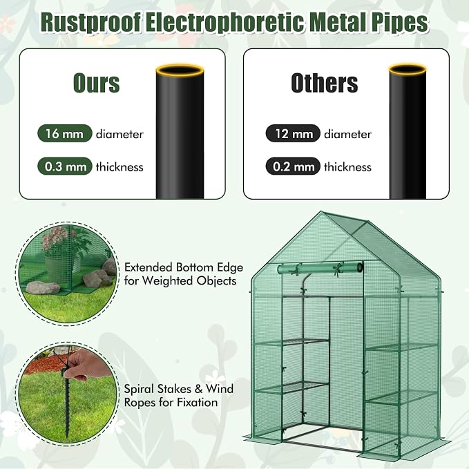 Giantex Walk-in Greenhouse, 4 Tier 8 Shelves, Portable Plant Garden House Indoor Outdoor Mini Growing House for Herb Flower Succulent, Zipped Door, Metal Frame, Patio Lawn Yard