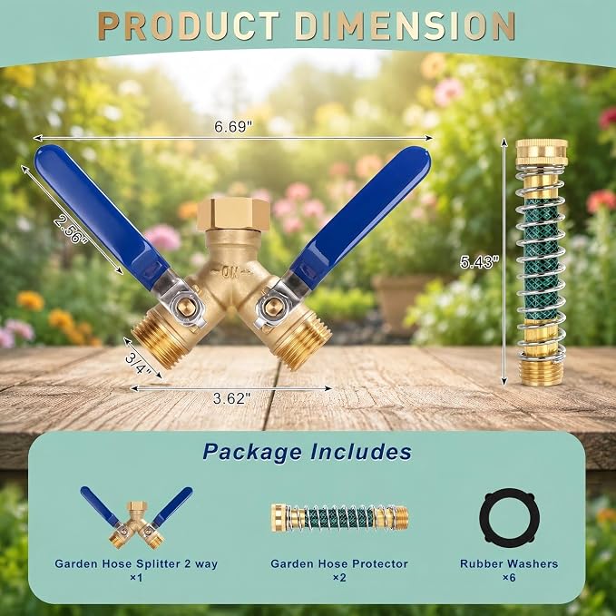 Dalmbox Garden Hose Splitter 2 Way With Long Handle, Garden Hose Adapter with 2 Pcs Garden Hose Coiled Spring Protectors and 6 Rubber Washers