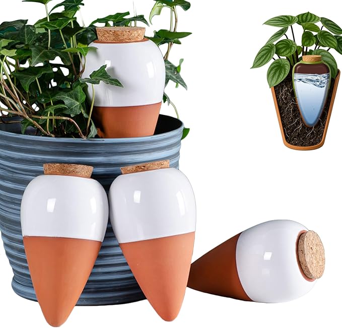 4 Pack Terracotta Watering Spikes, Plant Watering Devices Wine Bottle Automatic Plant Self Watering Spikes for Vacations, Clay Self-Watering Stakes for Indoor Outdoor Plants