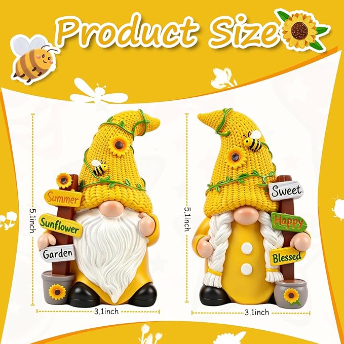 Sunflower Gnome Garden Decorations 2 PCS Resin Summer Figurines Cute Indoor Collectible Statue Outdoor Ornament for Table