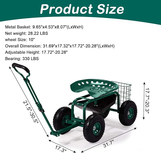 4-Wheel Rolling Garden Cart Work Seat with Tool Tray, Heavy Duty Planting Cart Tools on Wheels, Adjustable Steering Handle & Utility Tool Tray,Gardening Work-Seat,for Patio, Yard, and Outdoors, Green