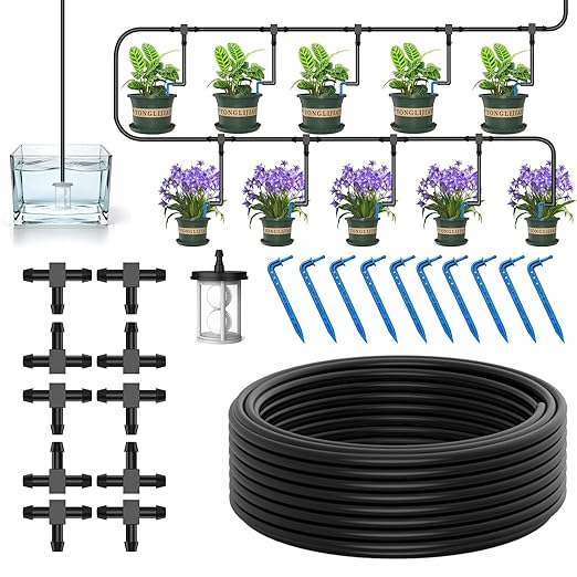 Automatic Drip Irrigation System Kit - 33ft Hose, Filter, 10 Tee Connectors & 10 Drippers, for Potted Plants