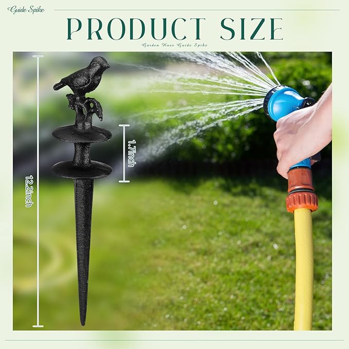 MorningRo 2 Pcs Garden Hose Guide Spike 12 Inch Heavy Duty Metal Hose Support Spike Aluminum Decorative Garden Stakes Protector to Keeps Flower Beds Plant Yard Lawn (Bird)