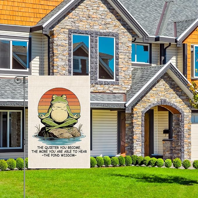 Perfectinsoy The Quieter You Become The More You Can Hear The Pond Wisdom Funny Garden Flag, Inspirational Meditation Zen Frog Flags, Yoga Lover Gifts for Women Men, Welcome Yard Lawn Outdoor Decor