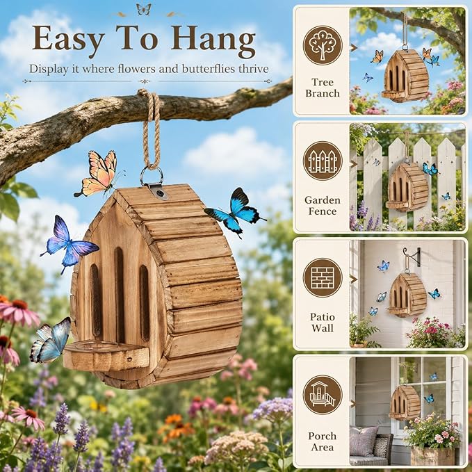 Butterfly Houses for Outside, Butterfly House Wooden Shelter for Yard Fence Patio, Butterfly Houses for the Garden Habitat Decor (1pc)