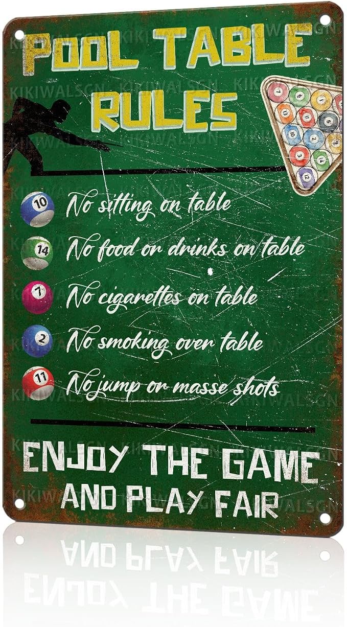 Retro Pool Table Rules Tin Sign Vintage Metal Poster Nostalgic Wall Art Bar Pub Man cave Shop Living Room Bedroom Game Room 12 * 8 In