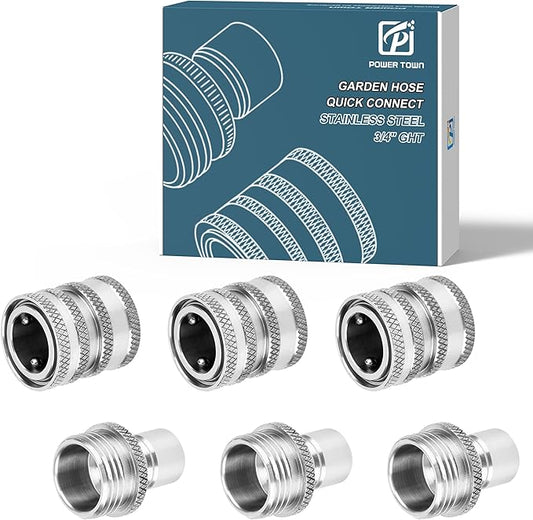 POWER TOWN Quick Connect Hose Fittings, Garden Hose Quick Disconnect Set, Universal Fit 3/4 Inch GHT Stainless Steel, Water Hose Connector, 3 Pack