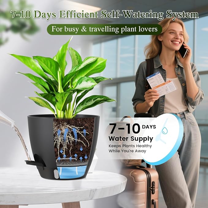 Self Watering Pots with Drainage Holes, 2 Pack 8 Inch Plant Pots with Water Level Indicator Deep Reservoir, Large Plastic Planter for Indoor Outdoor Plants - Black