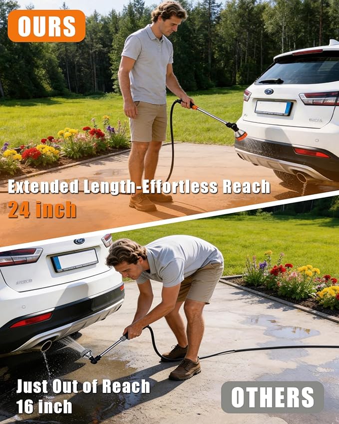 24-Inch Watering Wand with 8 Spray Patterns & 180° Rotating Head, Arthritis Friendly Hose Sprayer Nozzle with Thumb Control, Hose Nozzle for Hanging Baskets, Garden Plant & Cleaning Works