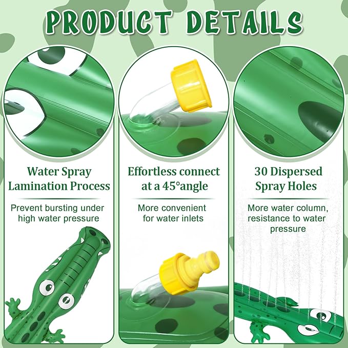 96" x 13" Extra Large Sprinkler for Kids,Outdoor Inflatable Crocodile Sprinkler Toddler Water Toy for Yard,Durable Summer Outside Splashing Water Spray Fun Toys for Lawn Garden Backyard