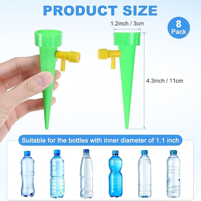M METERXITY 8-Pack Self Watering Spikes for Plants, 4.3 Inch Plastic Plant Watering Devices with 8 Regulators for Indoor/Outdoor Pots, Garden Water Planter System [Green]