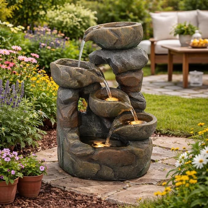 Outdoor Water Fountain with LED Lights, Resin Bowl Waterfall Fountain for Garden Decor Indoor Outdoor Use, 10.2"x6.9"x15.7" (Light Brown)