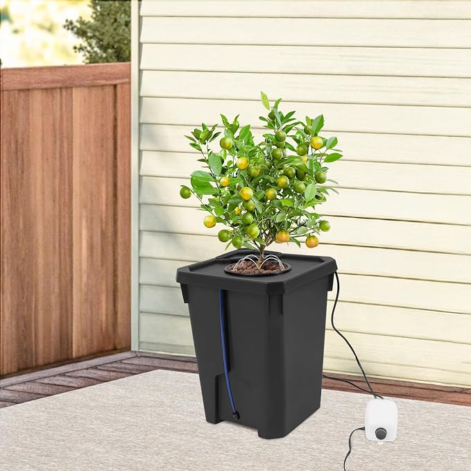 DWC Hydroponics Grow System 7.13 Gal Deep Water Culture Kit Auto Irrigation Sets w/8W 110V Air Pump, 12inch Bucket, Flippable Inspection Cover, for Indoor Gardening Vegetables (1 Buckets+7.13 Gal)
