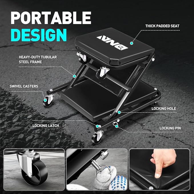 DNA Motoring 36 Inches Folding 2 in 1 Rolling Z Creeper, Adjustable Roller Garage Chair Lay Down or Sit, 6 Pcs Casters, 330 LBS / 150kg Weight Capacity, Black, TOOLS-00493
