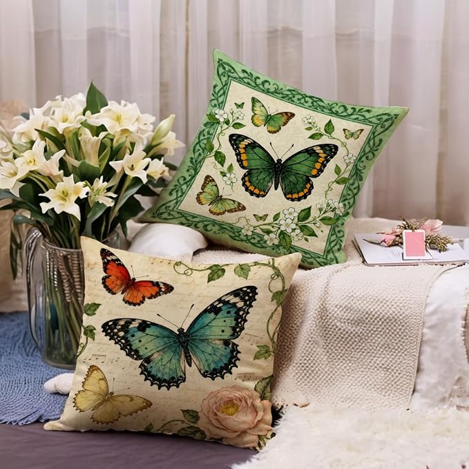 Vintage Butterfly Throw Pillow Cover 18x18 inch,Watercolor Bloom Flowers Garden Cushion Cover Farmhouse Nature Theme Spring Home Decorative Pillowcase ,4Pack for Sofa Couch Porch Patio (Beige)