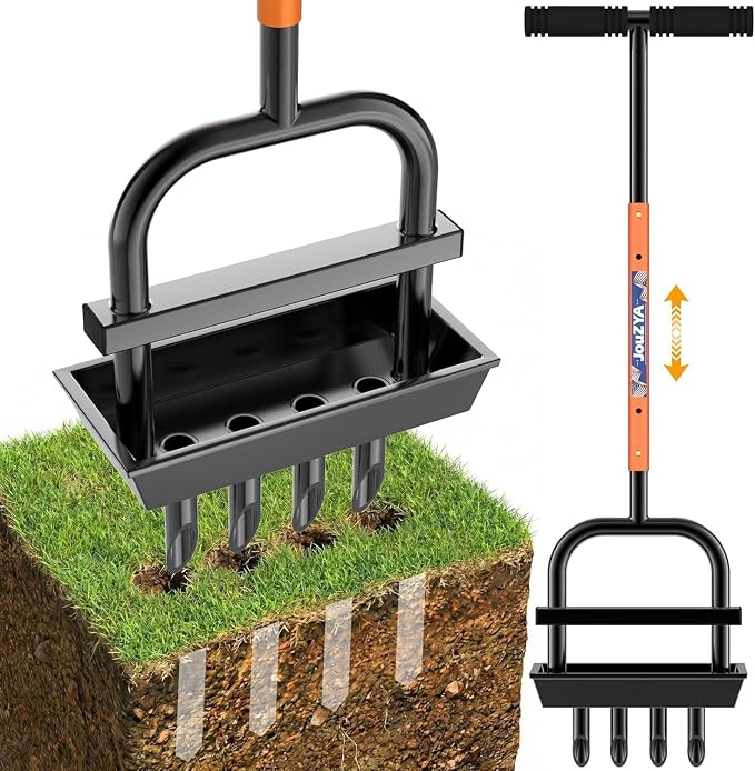 JouZYA Updated Lawn Aerator Tool with Soil Core Collection Tray, Lawn Core Aerator Lawn Tool with 4 Tines Manual Grass Aerator, Spike Lawn Coring Aerator for Yard Lawn Aeration Soil Loosening, Coral