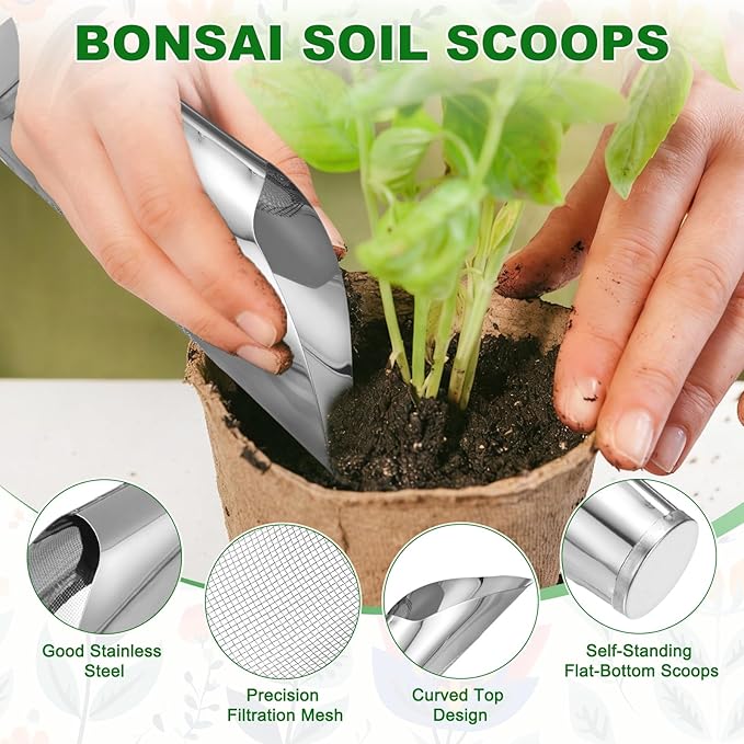 M METERXITY 1-Set Bonsai Soil Scoops, 3 Sizes Stainless Steel Garden Soil Scoop Bucket Shovel Potting Scooper for Transplanting/Flower Planting/Plant Succulent, Small Soil Sifter [Silver Tone]