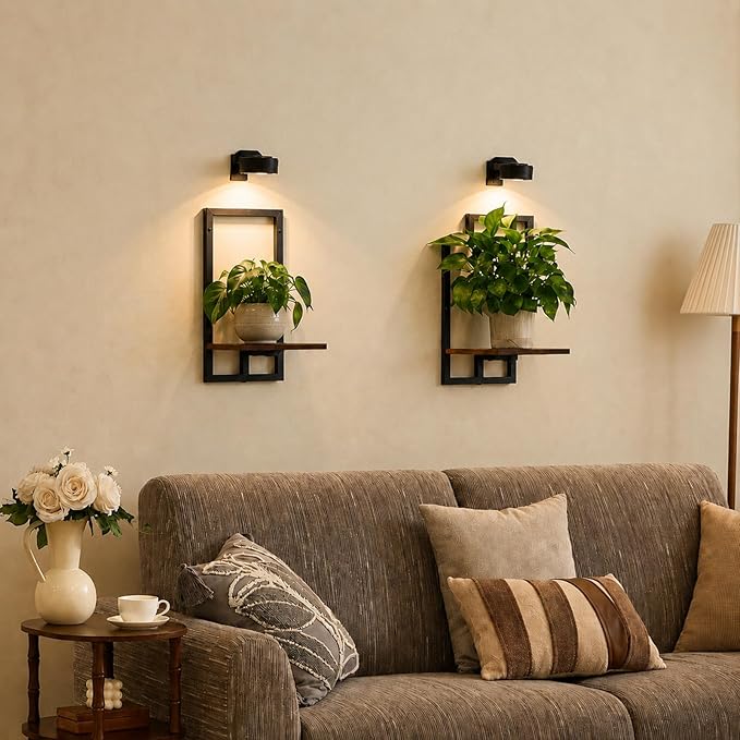 Floating Shelves for Plants with Grow Lights, Remote Control Indoor Plant Holder Stand for Bedroom, Living Room, Bathroom, Kitchen, Rustic Brown
