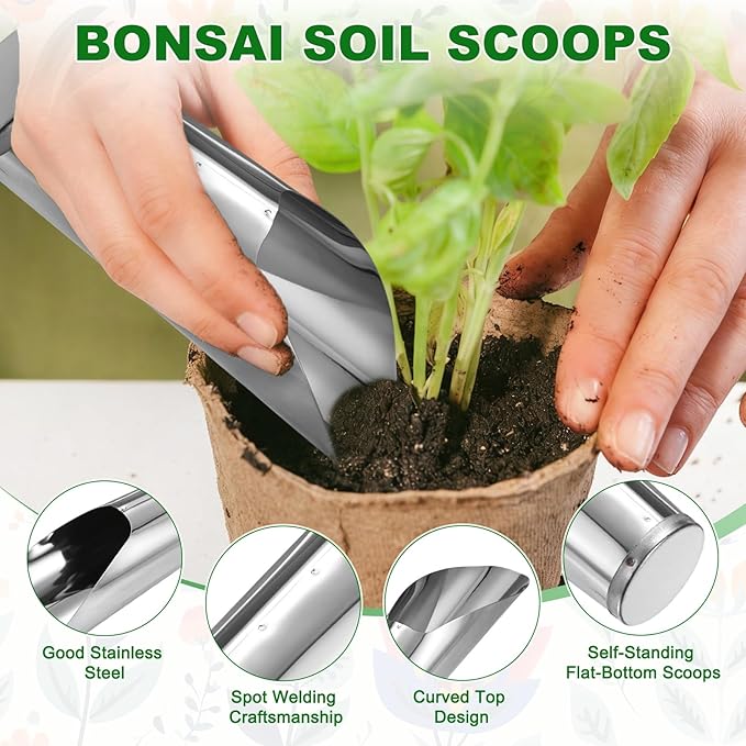 M METERXITY 1-Set Bonsai Soil Scoop, 3 Sizes Stainless Steel Garden Soil Scoops Bucket Shovels Potting Scoopers for Transplanting/Flower Planting, Small Gardening Tools [Silver Tone]