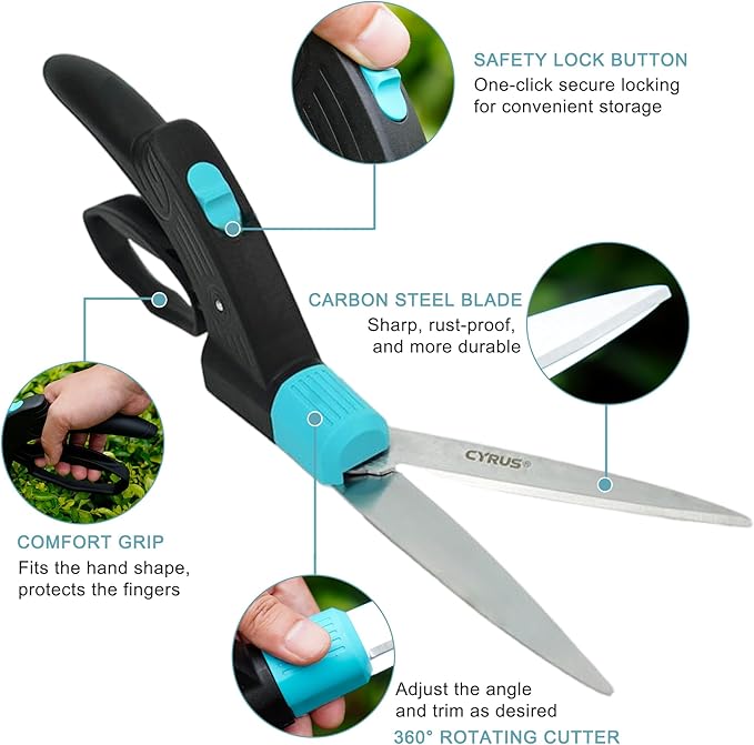 CYRUS 14-Inch Handheld Grass Shears with 360° Rotating Head - Premium Carbon Steel Plant Cutting Scissors Ergonomic Handle & Safety Lock Garden Shears for Lawn, Hedges, Fences