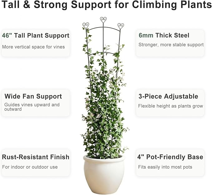 46 Inch Tall Plant Trellis for Climbing Plants Indoor, Metal Rustproof Garden Trellis for Large Potted Plants Outdoor, Houseplant Support for Pothos, Monstera, Hoya, Flower, Vine, Ivy, Black, 1 Pack