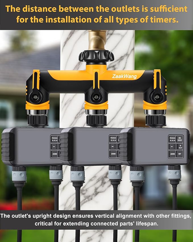 Garden Hose Splitter, 3 Way Hose Splitter, Heavy Duty Water Hose Bib Spigot Splitter, Outdoor Faucet Splitter with Shutoff Valve, T Adapter Connector with 3/4 - Inch GHT Thread (Yellow)