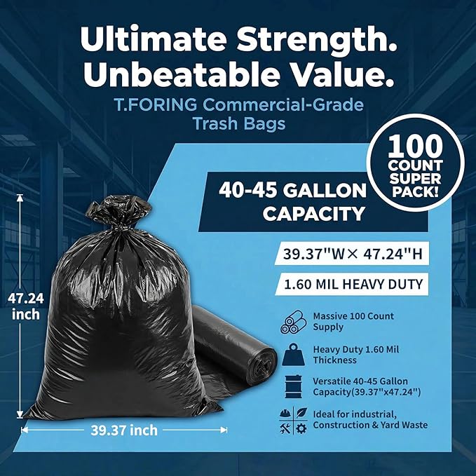 40-45 Gallon Trash Bags Heavy Duty,1.6 Mil,39'' x 47'',100 Count | Large 40+ Gal Black Garbage Bag Unscented,Strong,Fit 150 - 168 Liter Bins,for Construction Industrial Yard Outdoor Commercial
