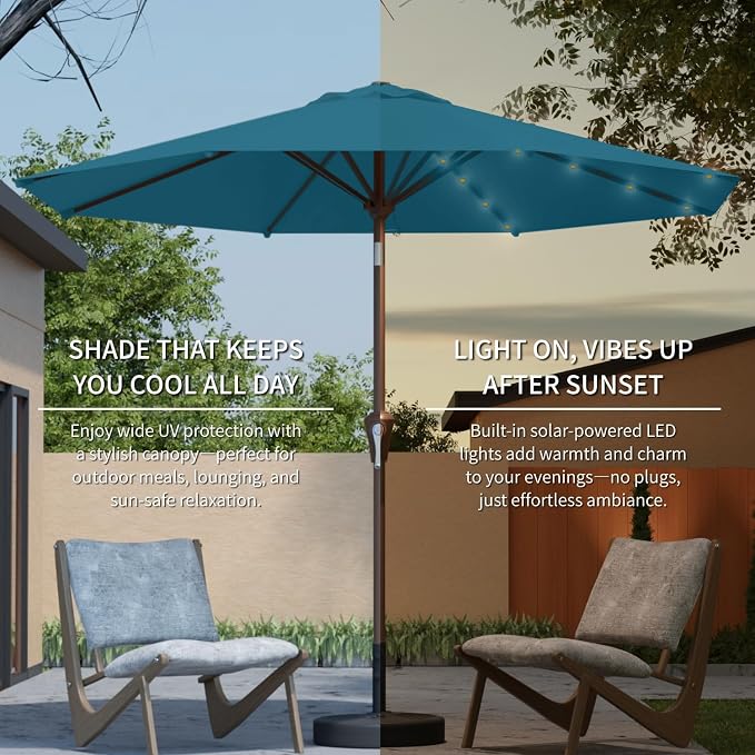 10FT Solar Umbrella 32 LED Lighted Patio Umbrella Table Market Umbrella w/Tilt and Crank, UV-Resistant Outdoor Umbrella for Pool, Garden, Deck, Lake Blue