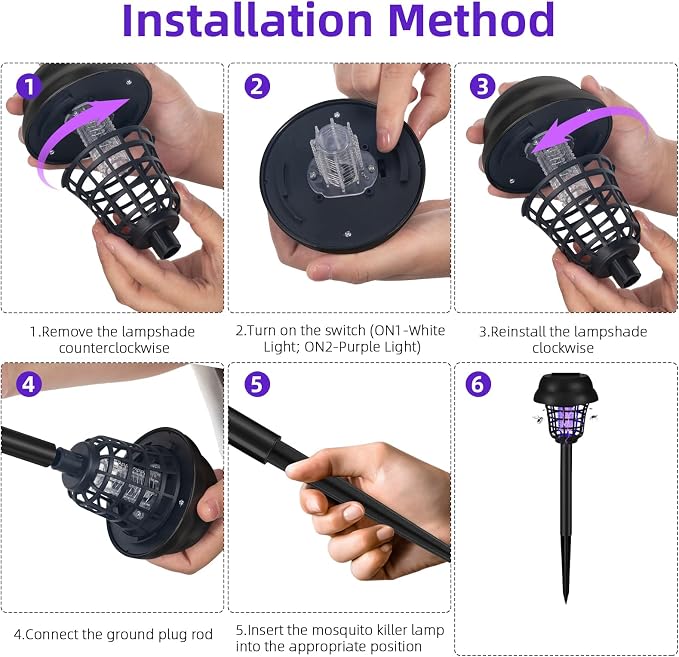 Solar Bug Zapper Outdoor Waterproof Mosquito Zapper Repellent Outdoor Patio,Auto On/Off Purple or White Light, Solar Powered Gnat Flying Insect Bug Zappers for Yard, Garden, Backyard, Pathway