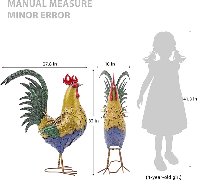 32" Oversized Metal Rooster Statues, Large Outdoor Decor, Metal Chicken Sculpture for Backyard Patio Kitchen Decor