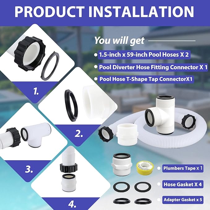 1.5" Pool Filter Pump Hose & Pool Hose Adapter Connector for Intex Pump Sand Filters & Saltwater Systems 29060E 59" Long Pool Hose Fit for Coleman Above Ground Swimming Pools Sand Filter Pumps Parts