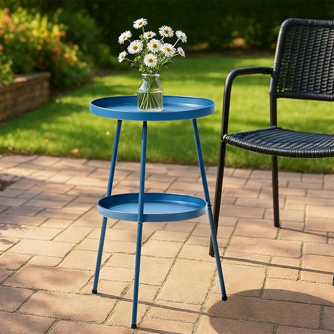 Outdoor Side Table 2 Tier End Table Metal Round Coffee Tables Nightstand for Small Spaces Indoor Outdoor and Living Room Bedroom or Office (Navy Blue)