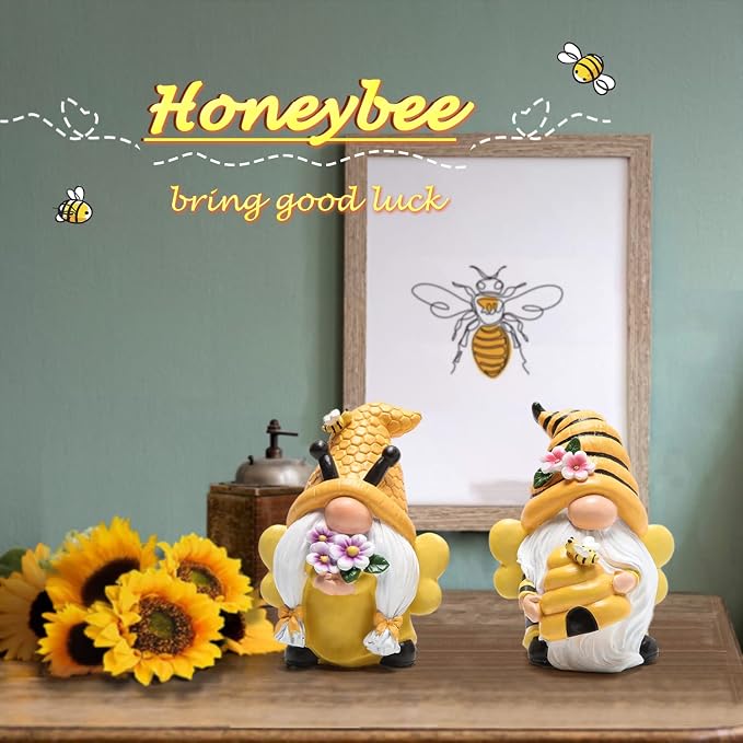 Hodao Bee Gnomes Set of 2 - Honey Bee Day Resin Statues, Summer Spring Gnome Figurines Decor for Home Kitchen Tiered Tray, Cute Bumble Bee Bumblebee Decorations for Table Office Garden Shelf, 4.3" H
