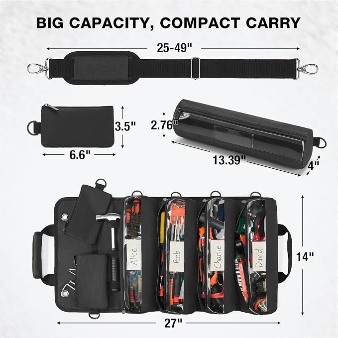 HISEA Roll Up Tool Bag, Heavy Duty Tool Storage Large-Capacity, 27"*14" Portable Tools Organizer with Utility Detachable Pouches, Waterproof Tool Roll Bag for Mechanic, Electrician, Gifts