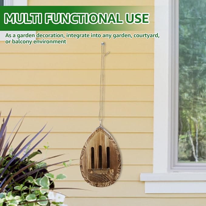 Wooden Butterfly House and Feeder, Teardrop-Shaped Wooden Butterfly with Back Door and Rope, Butterfly House Wooden Habitat for Bee Butterfly Ladybirds, Butterfly Houses Woodens Shelter (2pcs)