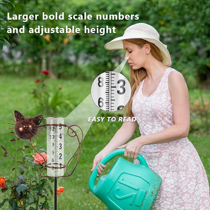 Rain Gauge with Large Clear Numbers, Rain Gauge Outdoor Garden Stake, 5-Inch Glass Tube Rain Water Gauges for Garden, Yard, Lawn, Patio(Cat)