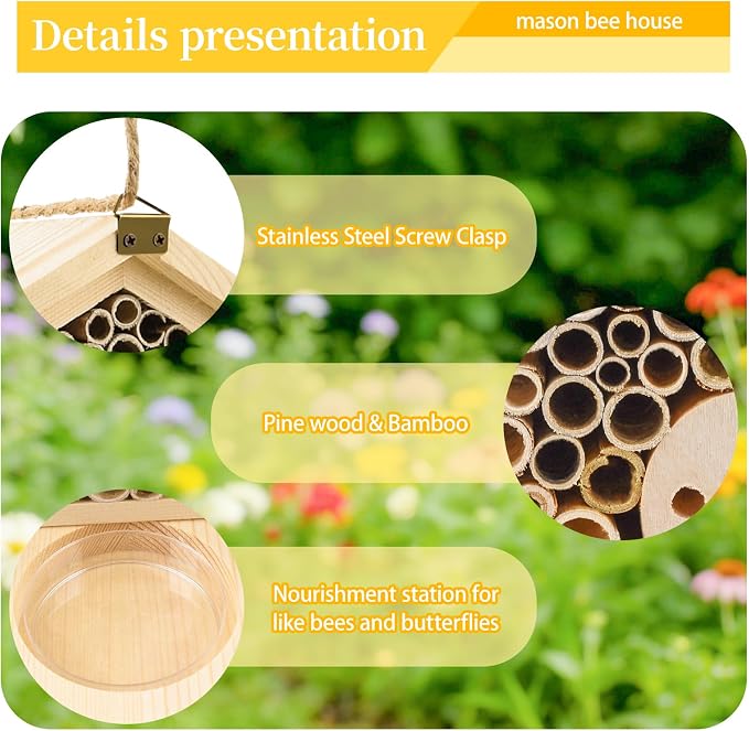 Mason Bee House with Feeding Trays - Natural Pine Wood Hanging Bee Hive,Insect Hotel for Garden Backyard, Outdoor Garden Decoration Attracts Bees, Butterflies, Ladybugs Pollinators