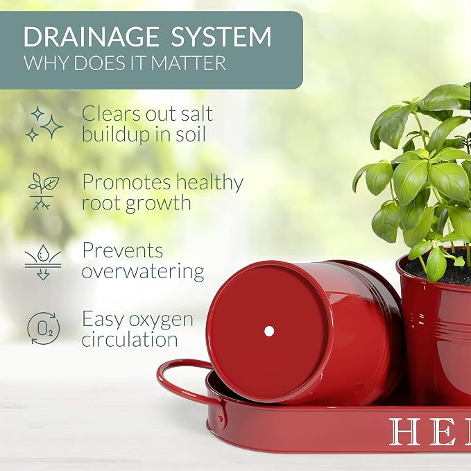Barnyard Designs Indoor Herb Garden Planter Set with Tray, Metal Windowsill Plant Pots with Drainage for Outdoor or Indoor Plants, Set/3 (Brick Red)