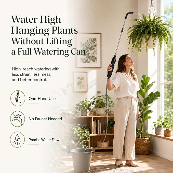 High Reach Plant Waterer for Indoor Plants, Electric Hanging Plant Waterer with 25.6"–35.4" Telescoping Watering Wand, 2000mAh Rechargeable Indoor Plant Watering Device with 6.8 ft Hose & Spray Nozzle