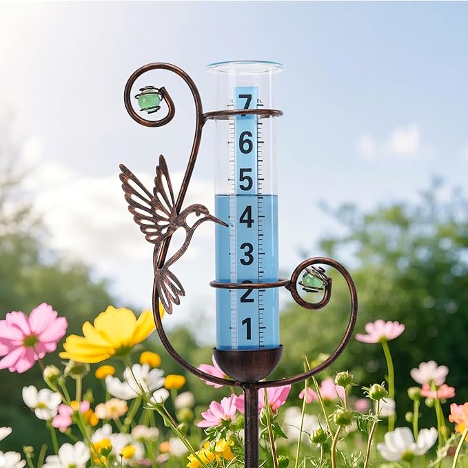 WONDER GARDEN Rain Gauge Outdoor, Decorative Hummingbird Rain Gauges Outdoors Best Rated, Freeze Proof Glass Water Rain Measure Gauge with Green Bead for Yard Patio Lawn Decor