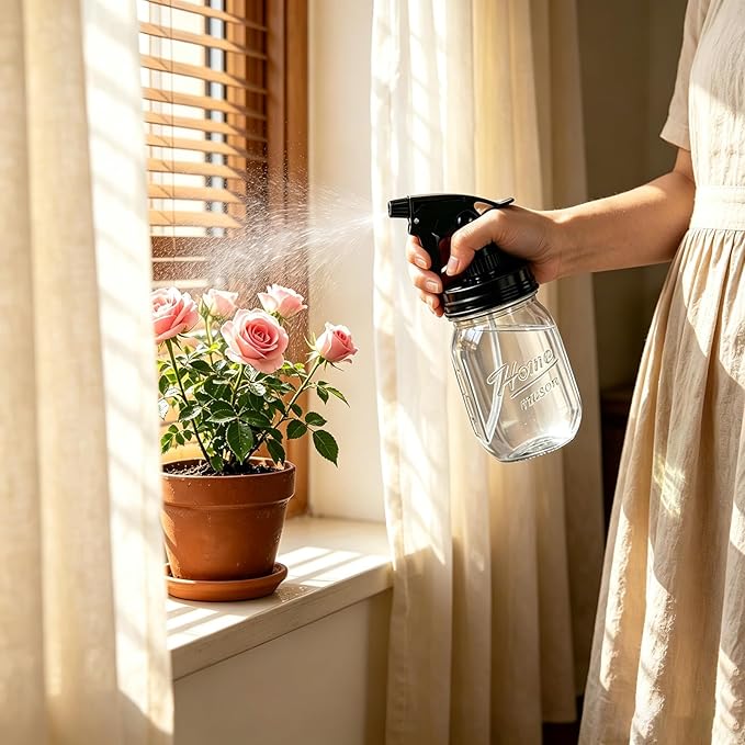 Glass Plant Mister Bottle -16 oz Vintage Style Mason Jar Fine Mist Sprayer - Refillable Leak Proof Water Spray Bottle for Plants, Gardening, Decorative with Adjustable Mist Nozzle (Clear)