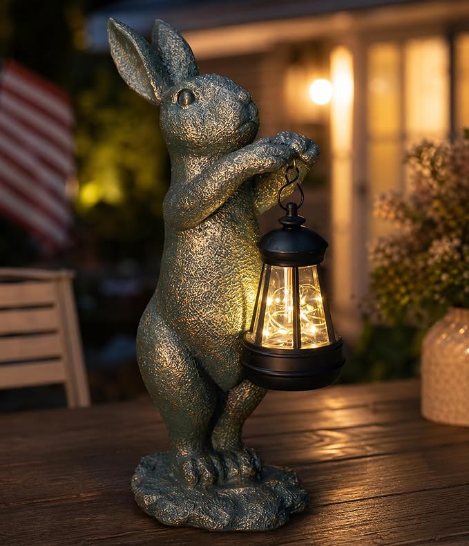 C&Y&G&X Garden Statue Rabbit with Solar Lantern - Outdoor Bunny Figurine Decor with LED Lights, Weather-Resistant Resin Animal Yard Art Sculpture for Patio, Lawn, Pathway, and Housewarming Gift