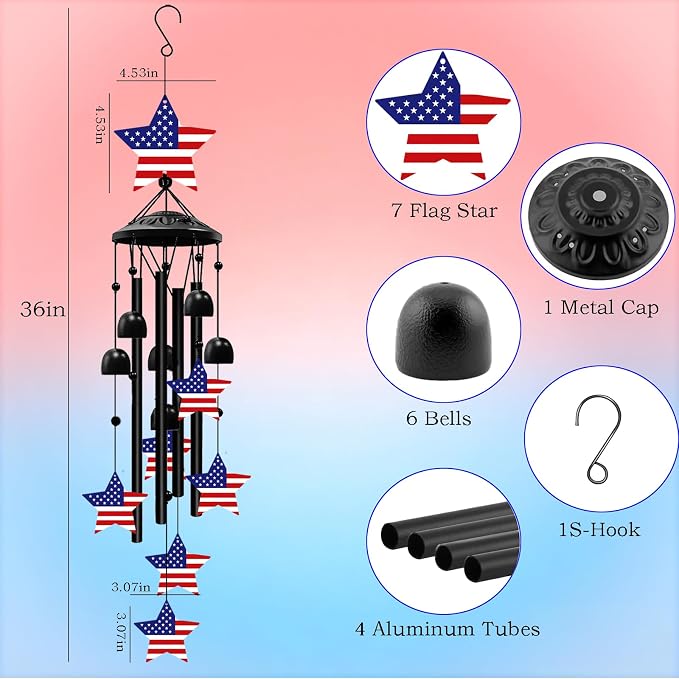 36 Inch American Flag Wind Chimes for Outside, 250th for Women Men – Memorial Day & Independence Day Decoration for Garden Porch Balcony Yard