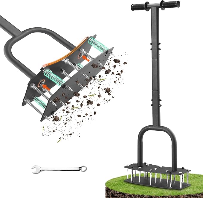 11-Spike Lawn Aerator, Heavy Duty Steel Manual Aeration Tool for Yard | Anti-Clog Design, 12.2”x6” Wide Pre-Assembled Base, Heavy Duty Steel Lawn Aeration Tool for Yard Lawn Soil Aeration