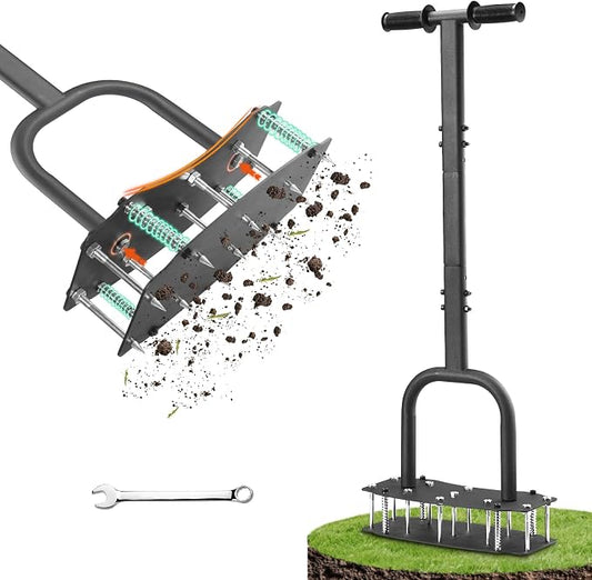 11-Spike Lawn Aerator, Heavy Duty Steel Manual Aeration Tool for Yard | Anti-Clog Design, 12.2”x6” Wide Pre-Assembled Base, Heavy Duty Steel Lawn Aeration Tool for Yard Lawn Soil Aeration