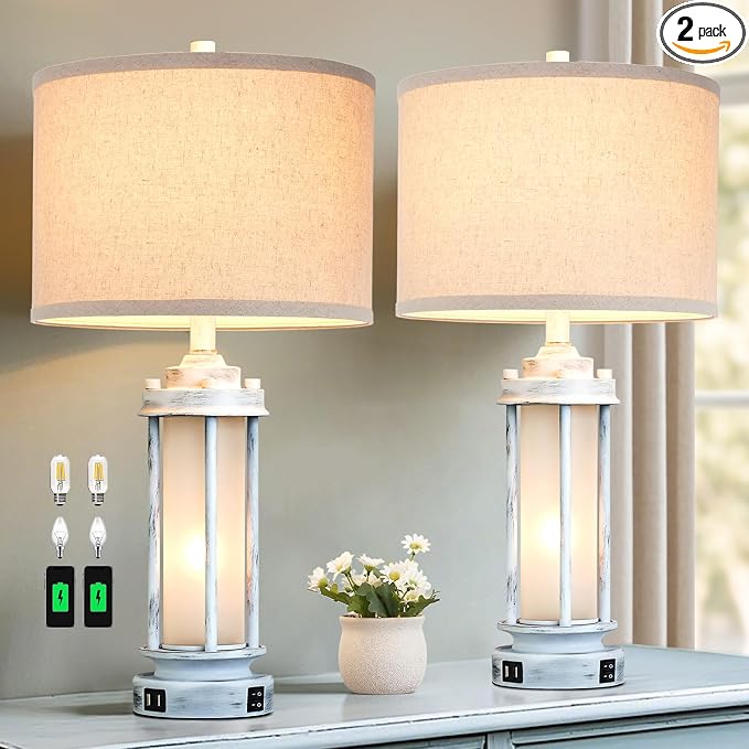 AIEAMPDO 25" Set of 2 Antique White Rustic Table Lamps 2 USB C+A Ports | Vintage Farmhouse Design With Glass Night Light. Nightstand Lamps For Living Room, Bedroom And Dorms, 4 Bulbs Included