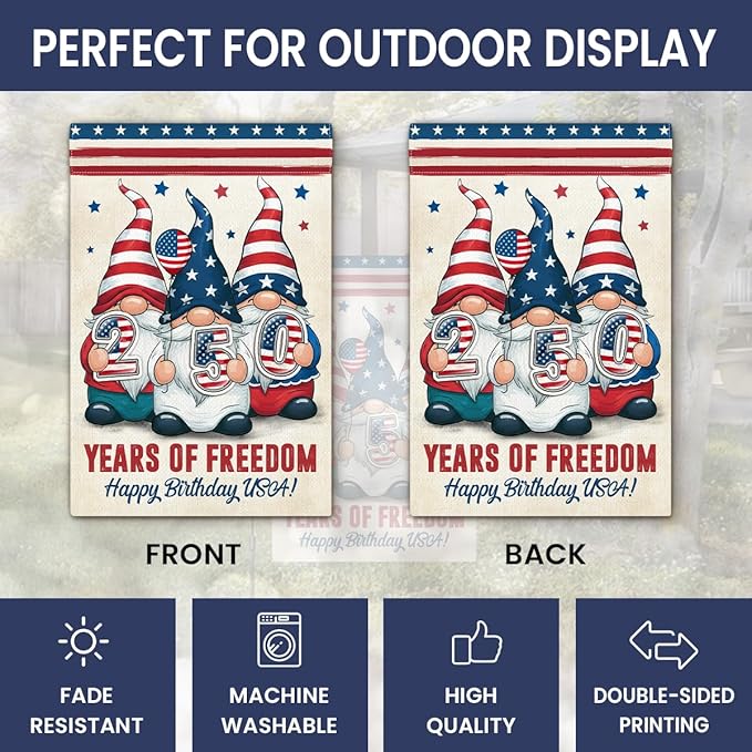 Gnome 250 Years America Patriotic Garden Flag - Independence Memorial Day Decorations, Funny 250 Year American Anniversary Flag, USA Birthday Freedom Yard Sign, 1776-2026 USA 4th of July Garden Flag for Outside